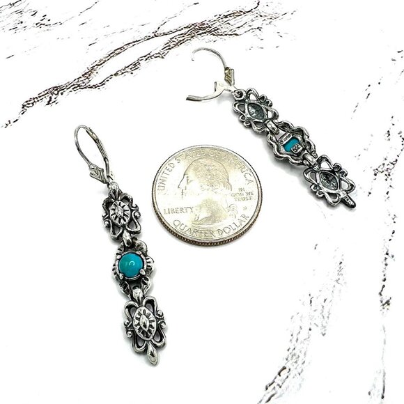 American West Blue Turquoise 925 Sterling Silver Concha Drop Earrings - Picture 5 of 6